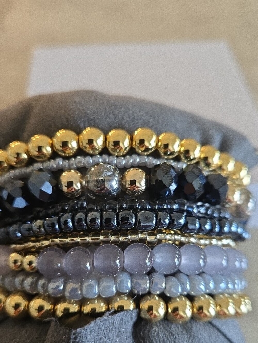9 Bracelets - Gold Plated & Gray/Blue Beaded Bracelet Stack - NWT